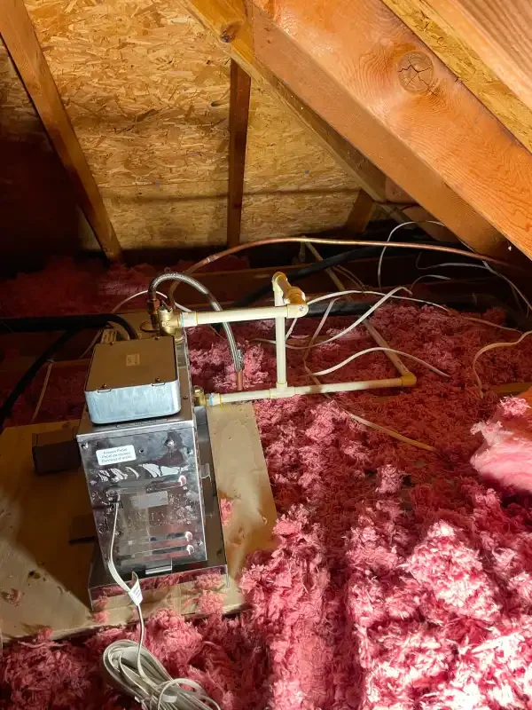 Attic rough-in with copper lines run over insulation