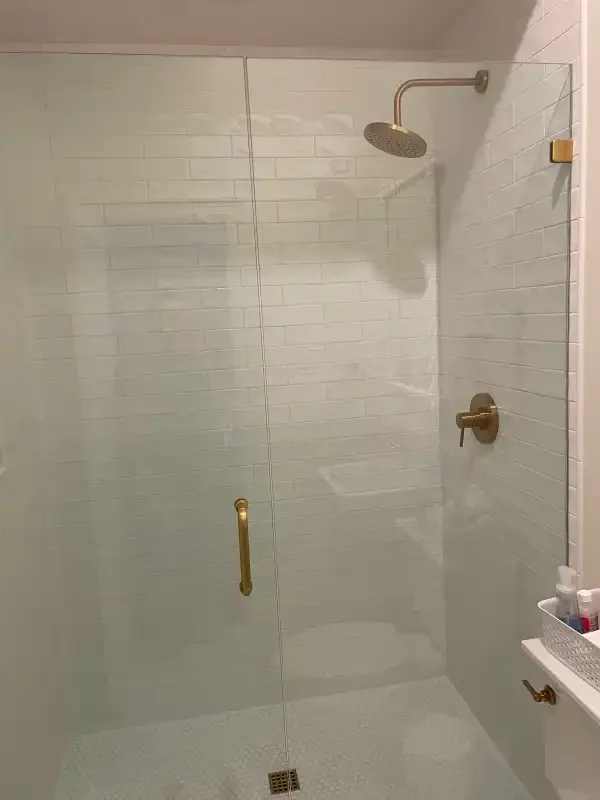 Frameless glass shower with brass trim and a built-in corner shelf