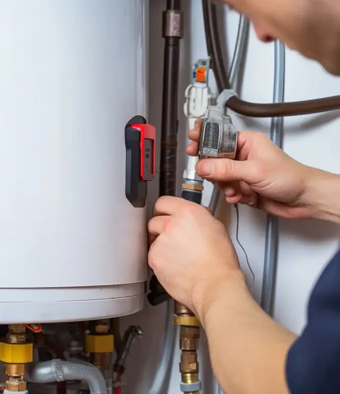Plumber connecting fittings at a water heater